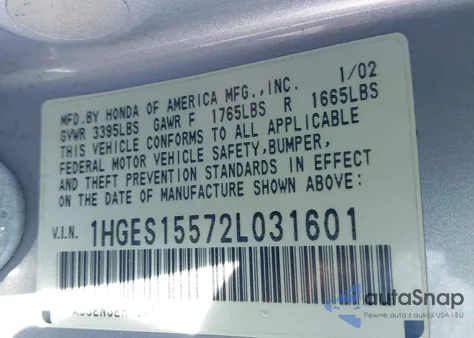 2002 Honda Civic Lx из США, поврежденный, VIN 1HGES15572L031601